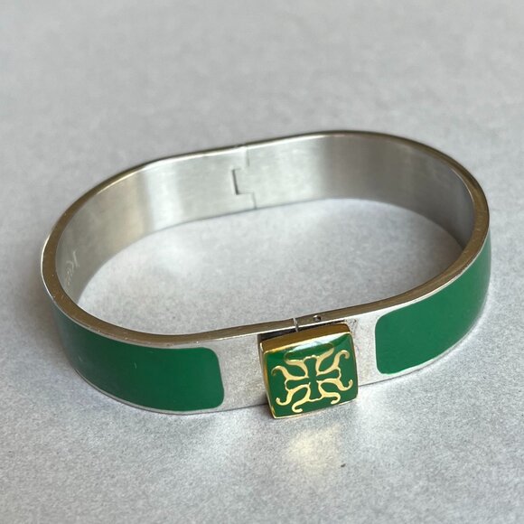 Rustic Cuff Enamel Green and Stainless Hinged Logo Bracelet - Picture 1 of 5